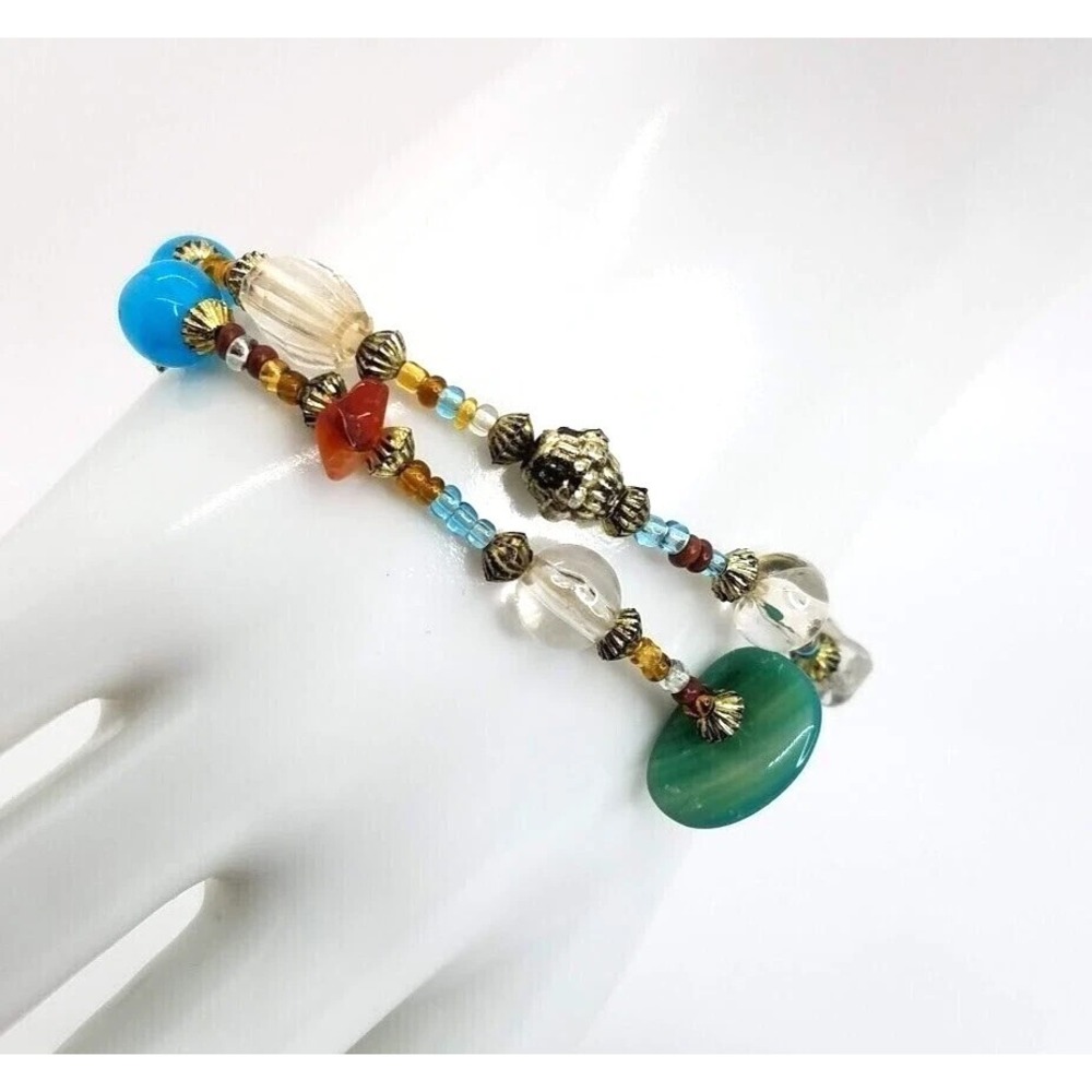 Artisan Beaded Stretch Bracelet‎ Multicolor Gemstones & Glass Beads Set of 2